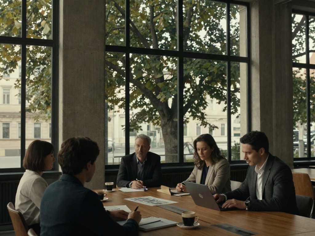 A collaborative strategy session in a sunlit, contemporary boardroom